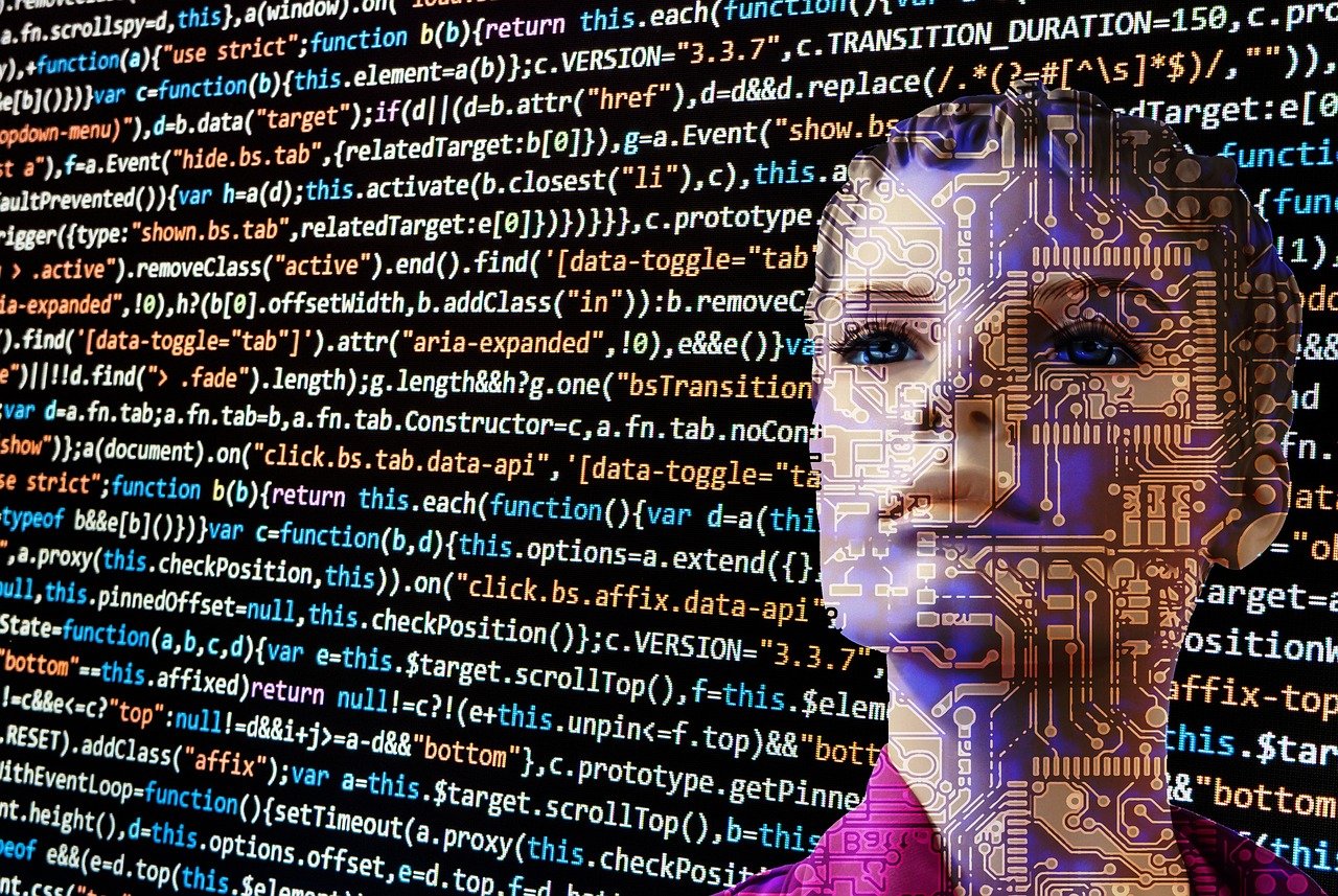 AI-styled face patterned with circuits against a backdrop of program code